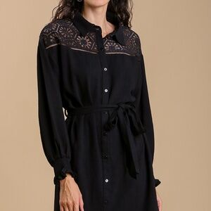 Umgee Button Down Shirt Dress | NWT | Lace Yoke | Tie Waist | Black Sizes S M L